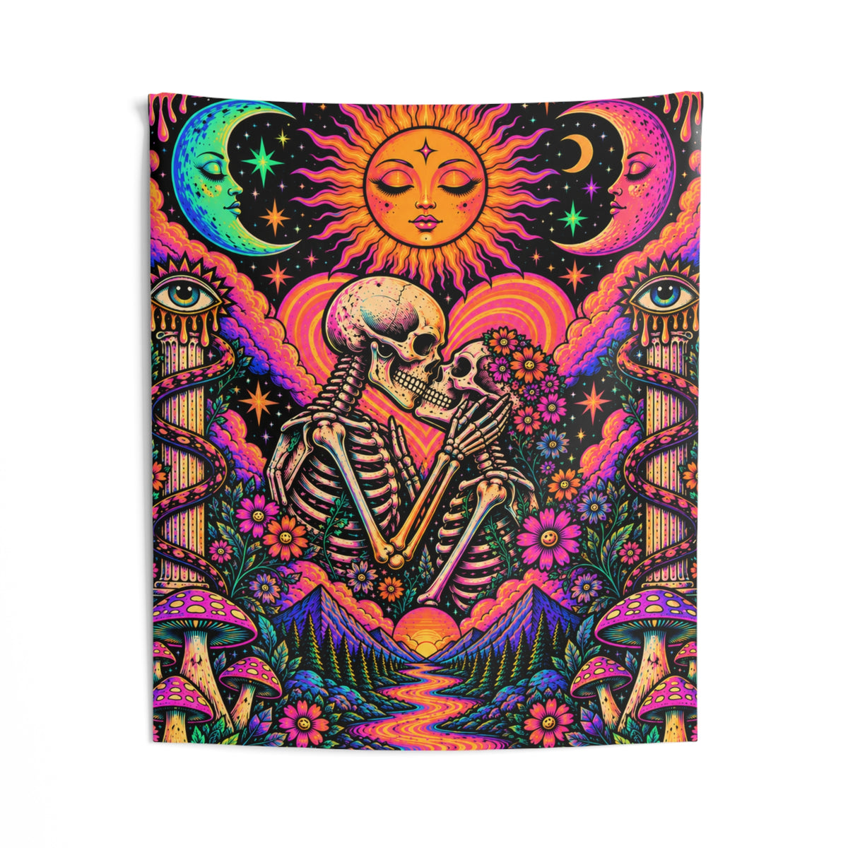 Psychedelic Skull Lovers Tapestry — Vibrant Boho Sun & Moon Wall Art
