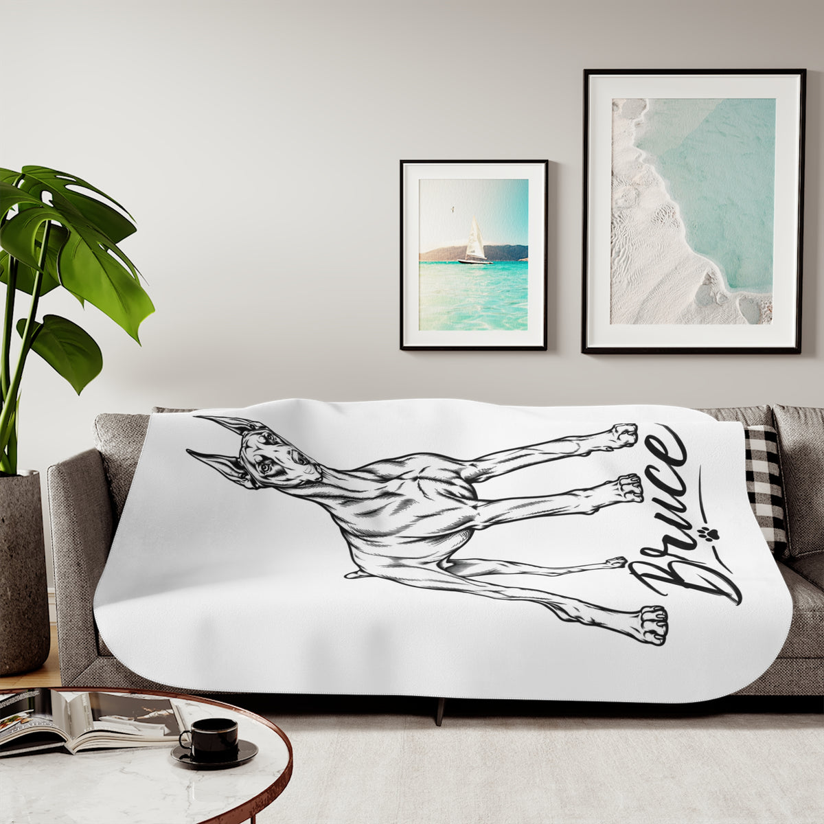 Doberman Sherpa Blanket – Personalized Dog Sketch Throw with 'Bruce' Name