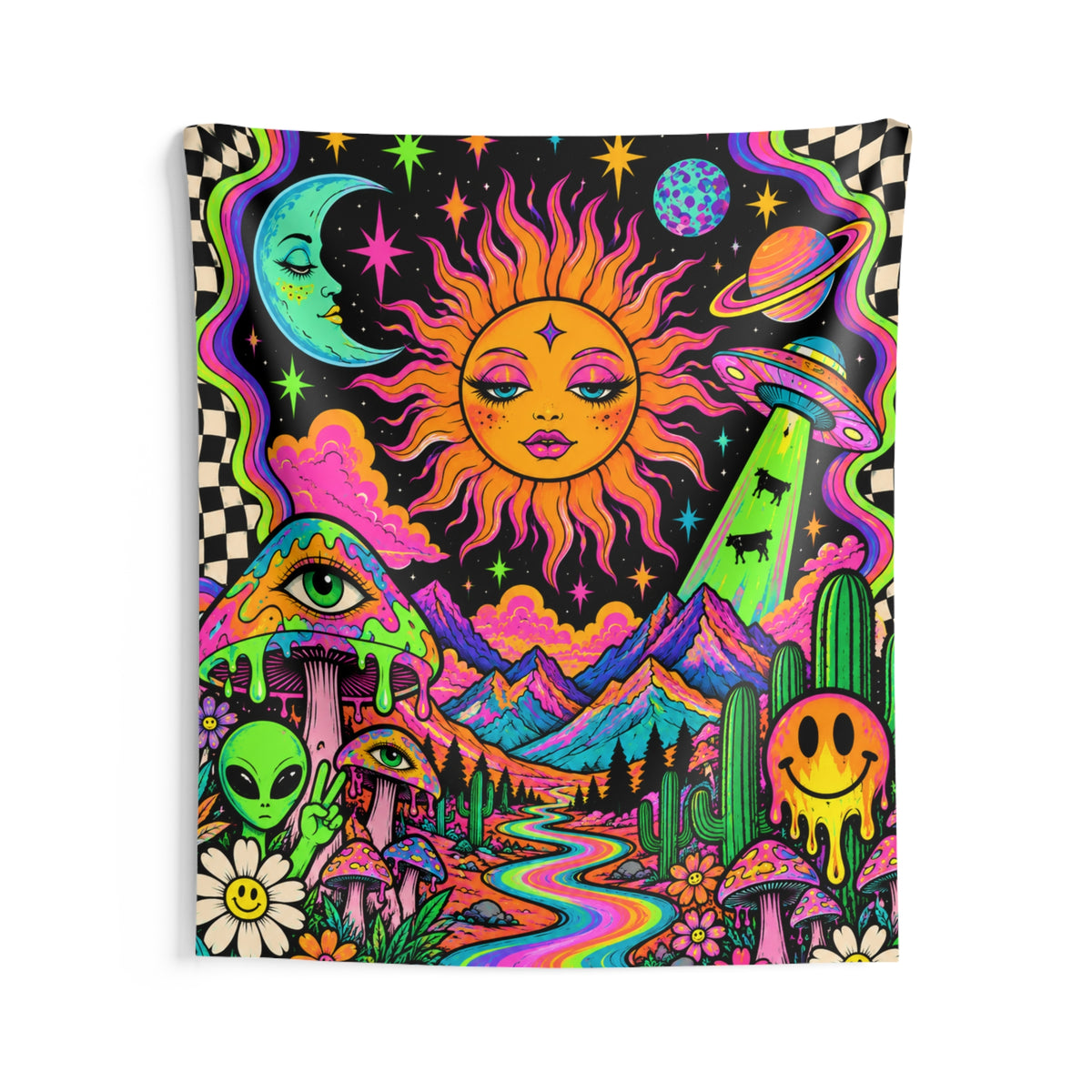 Psychedelic Cosmic Sun Tapestry — Neon Trippy Wall Hanging