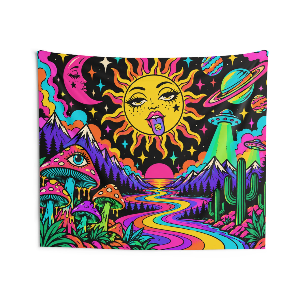 Psychedelic Sun & Space Tapestry — Neon Trippy Landscape Wall Hanging