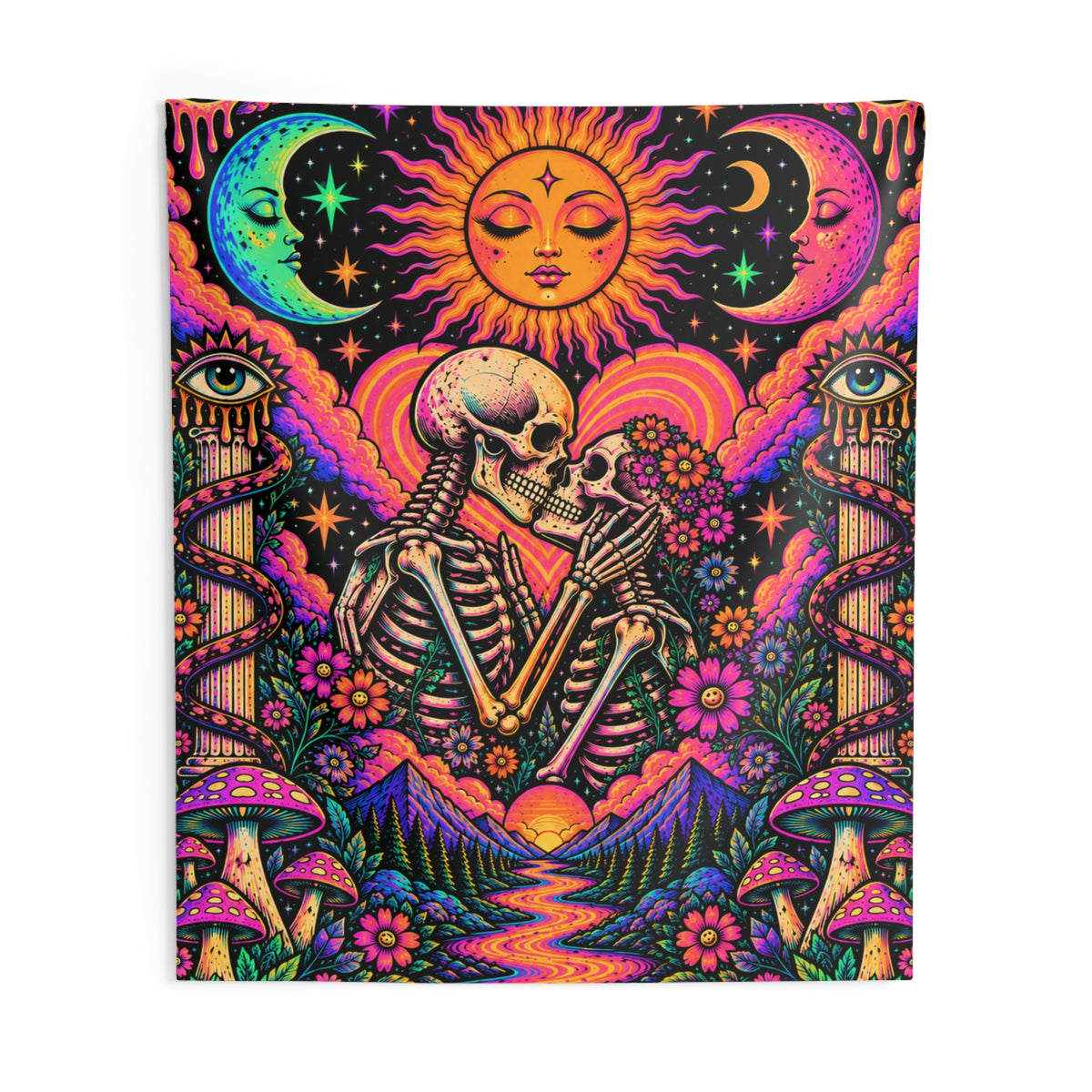 Psychedelic Skull Lovers Tapestry — Vibrant Boho Sun & Moon Wall Art