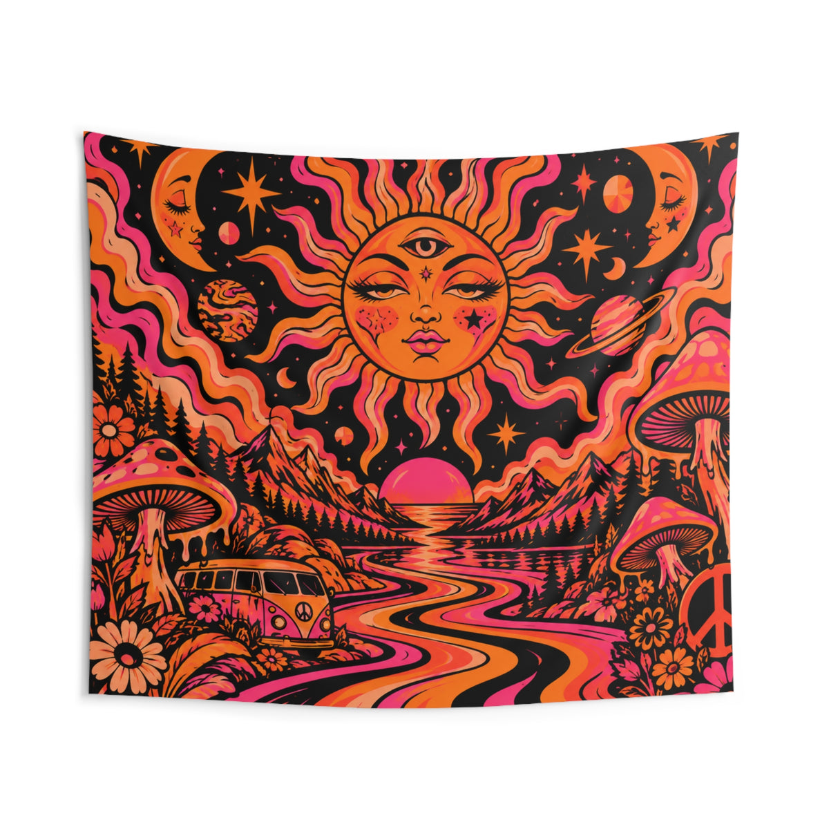 Psychedelic Sun & Van Tapestry — Retro 60s Boho Wall Hanging