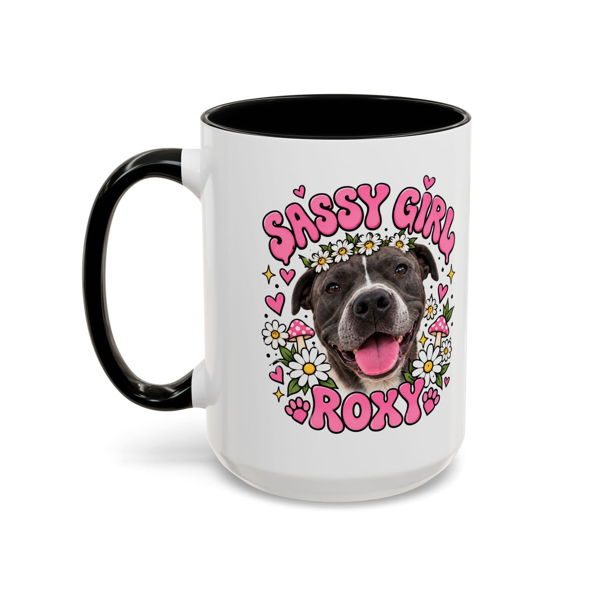 Cute Pit Bull Coffee Mug — "Pit Girl" Floral Accent Ceramic Mug (11/15oz)