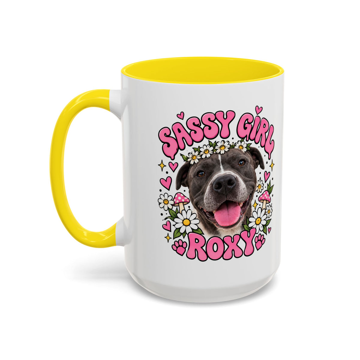 Cute Pit Bull Coffee Mug — "Pit Girl" Floral Accent Ceramic Mug (11/15oz)