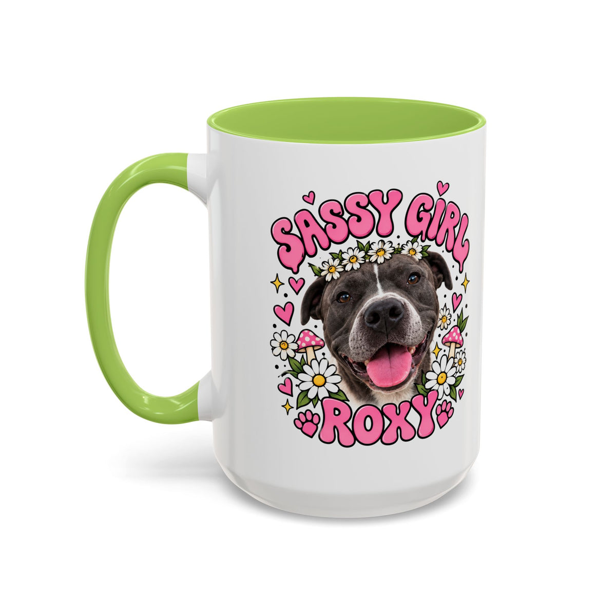 Cute Pit Bull Coffee Mug — "Pit Girl" Floral Accent Ceramic Mug (11/15oz)