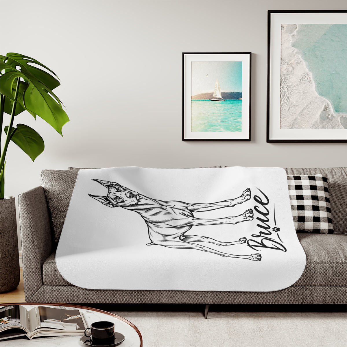 Doberman Sherpa Blanket – Personalized Dog Sketch Throw with 'Bruce' Name