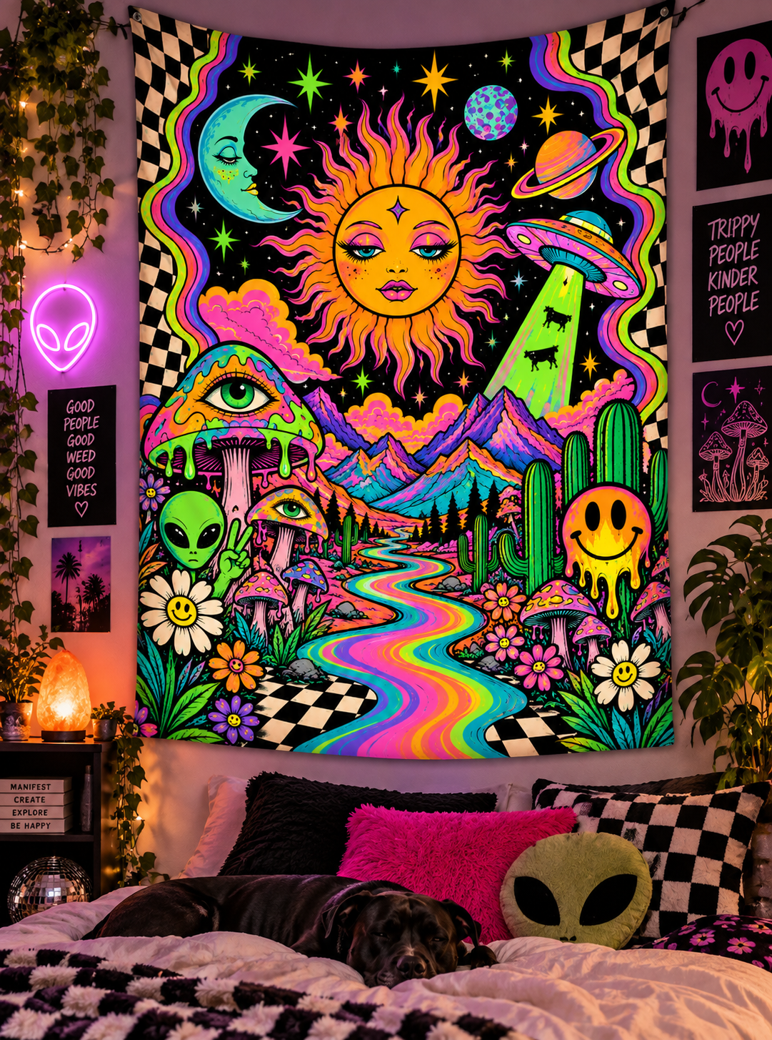 Psychedelic Cosmic Sun Tapestry — Neon Trippy Wall Hanging
