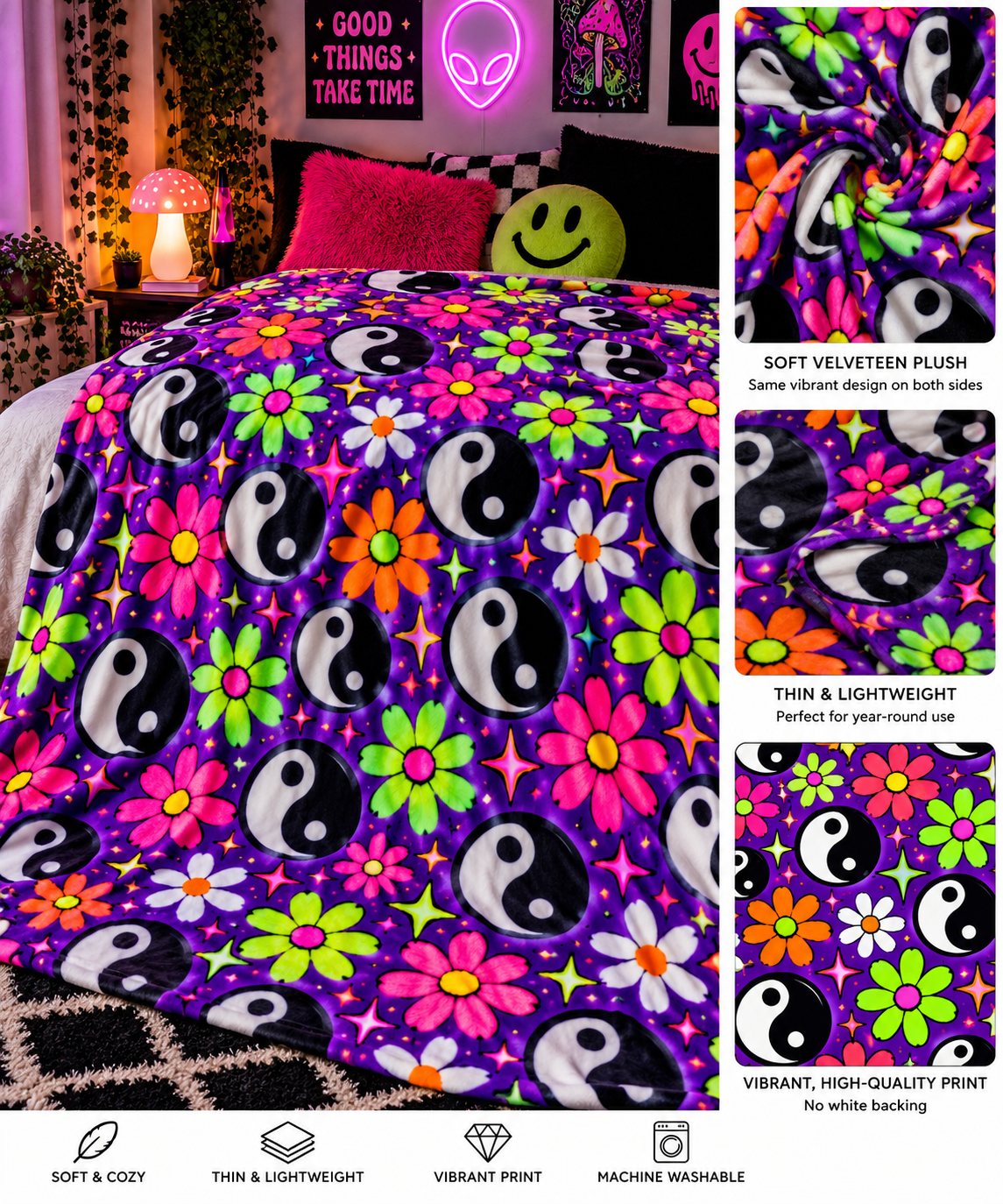 Yin Yang Flower Velveteen Plush Blanket — Psychedelic Floral Cozy Throw