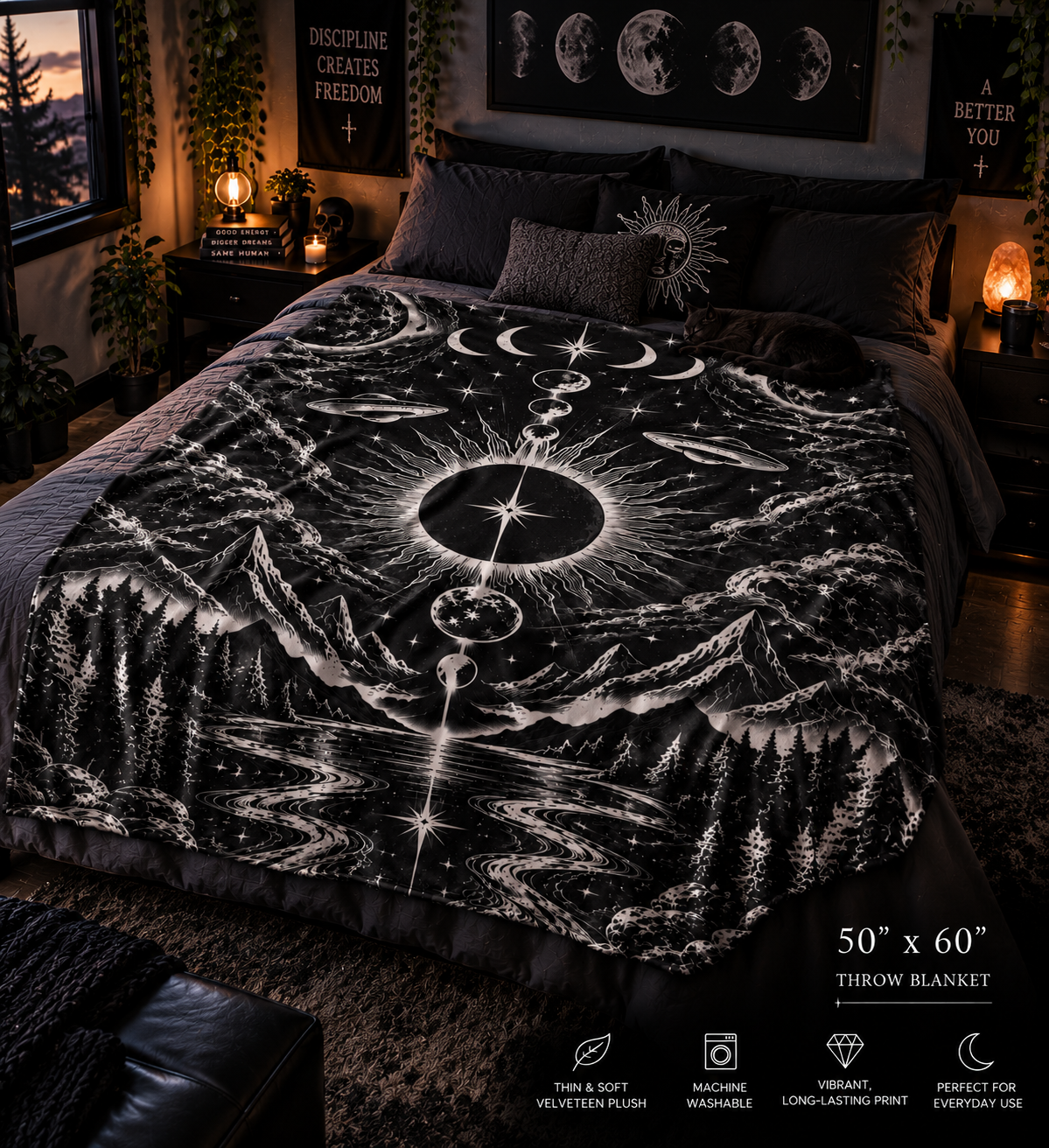 Celestial Eclipse Velveteen Plush Blanket — Black Moon Mystic Tapestry Throw