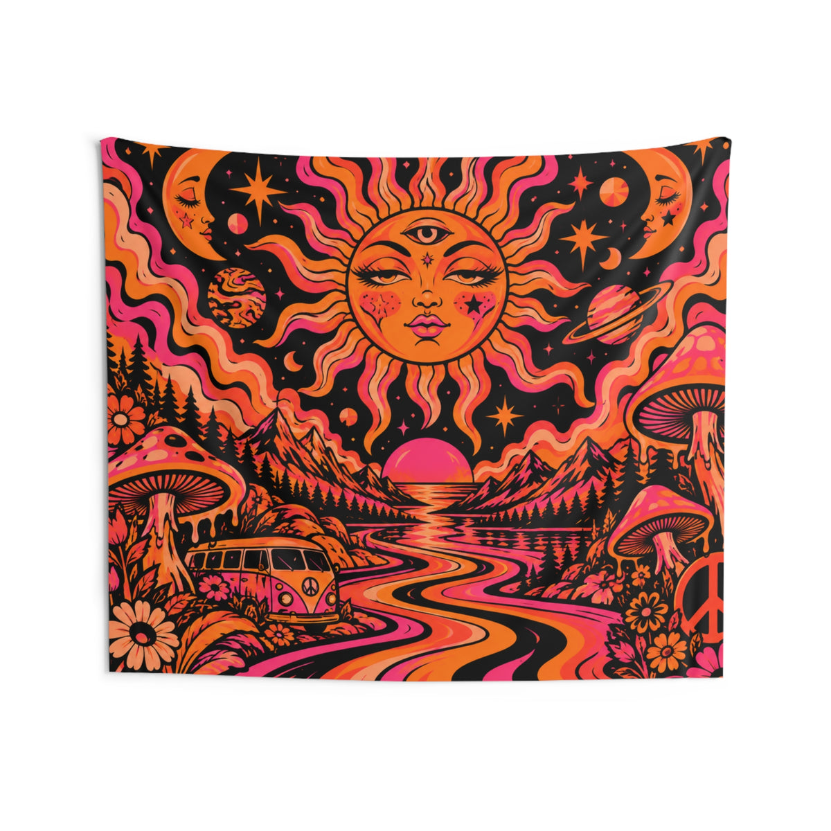 Psychedelic Sun & Van Tapestry — Retro 60s Boho Wall Hanging