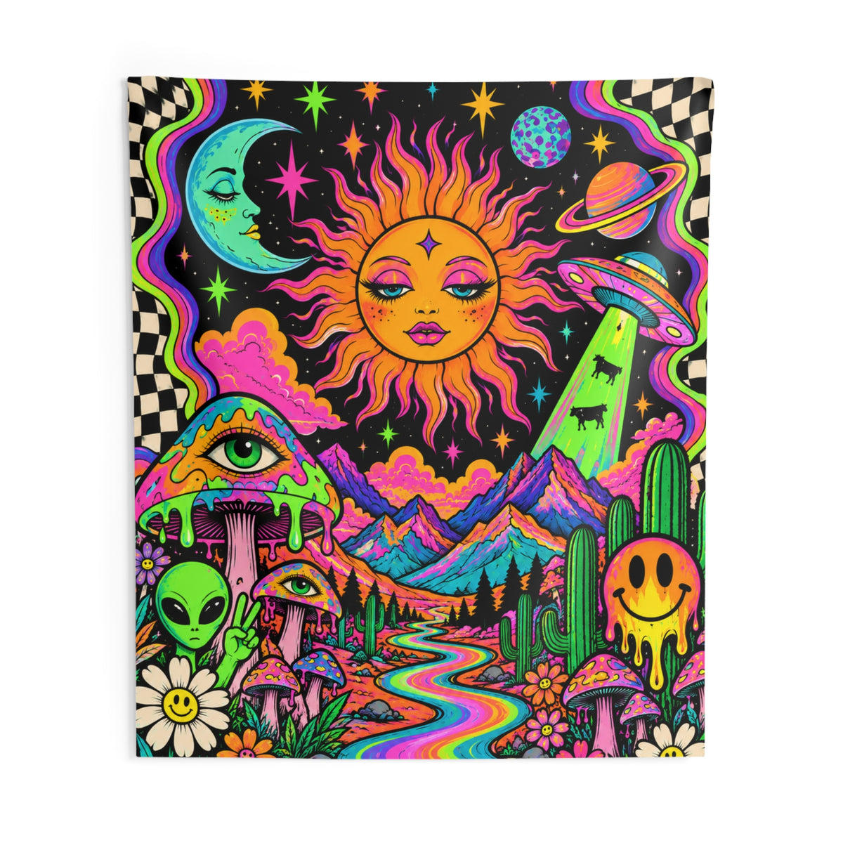 Psychedelic Cosmic Sun Tapestry — Neon Trippy Wall Hanging