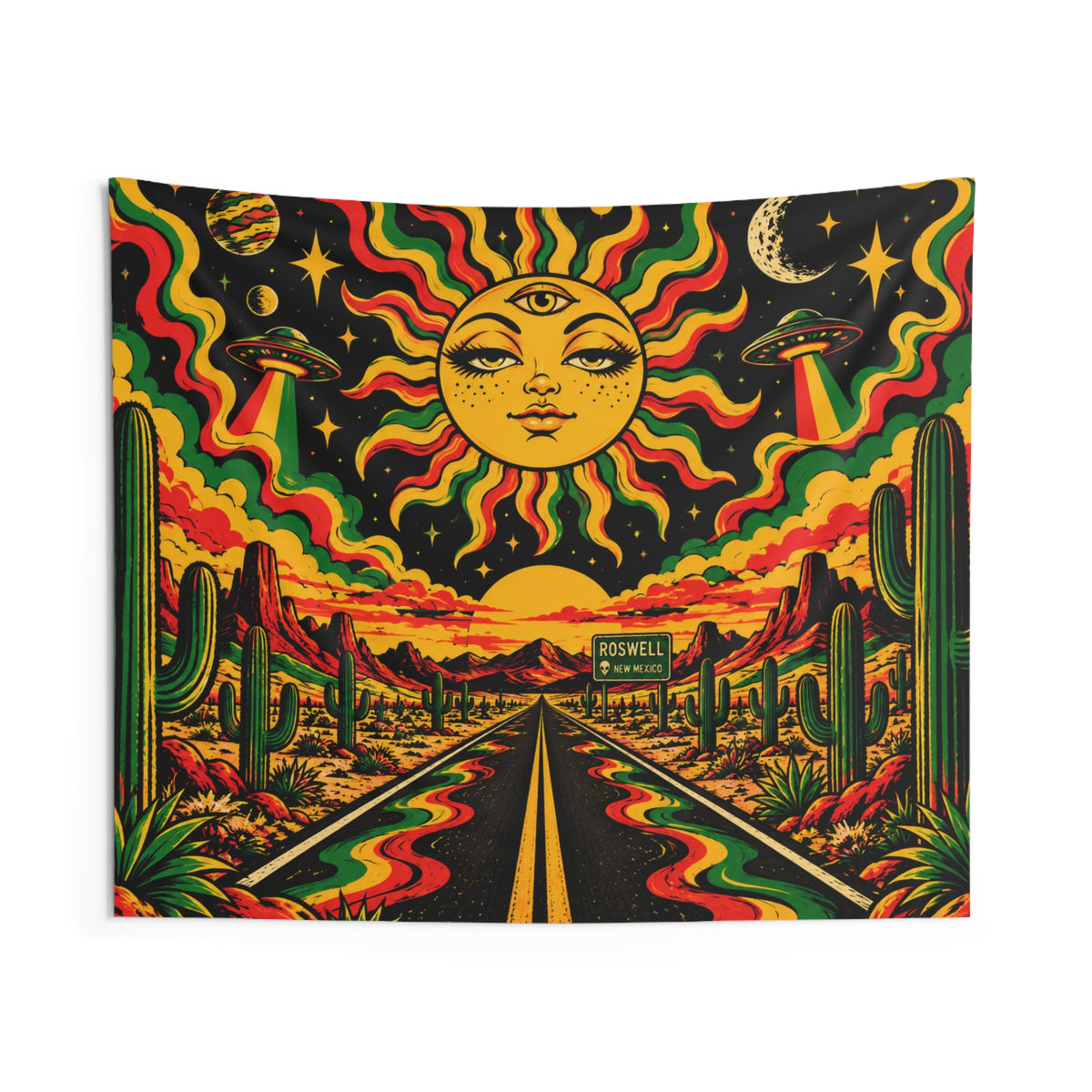Psychedelic Desert Tapestry – Cosmic Sun & UFO Road Wall Hanging