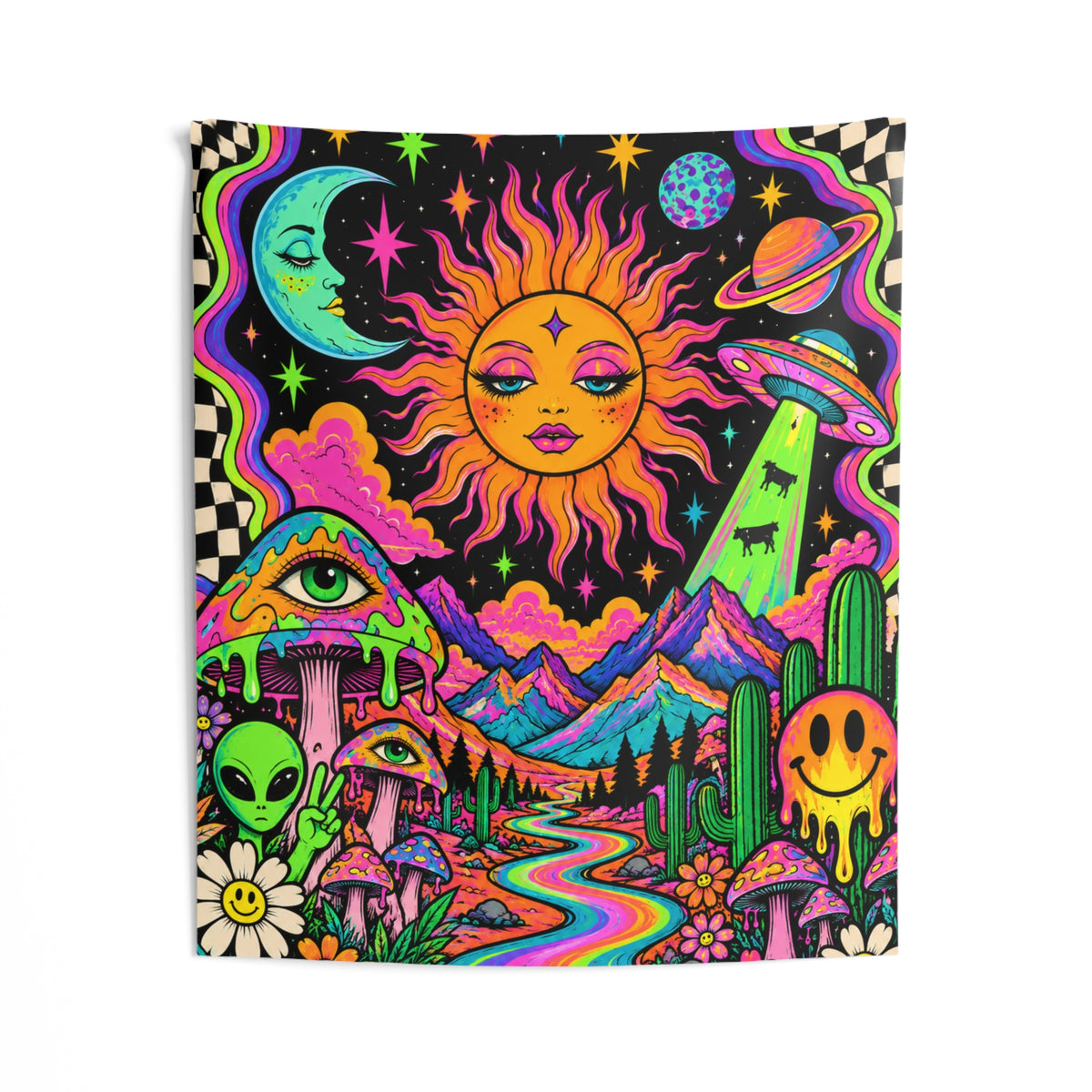 Psychedelic Cosmic Sun Tapestry — Neon Trippy Wall Hanging