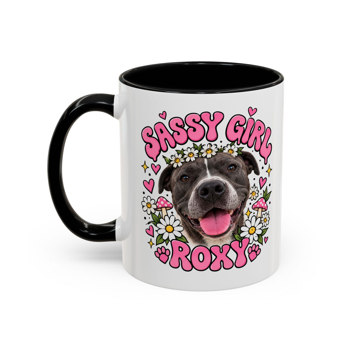 Cute Pit Bull Coffee Mug — "Pit Girl" Floral Accent Ceramic Mug (11/15oz)