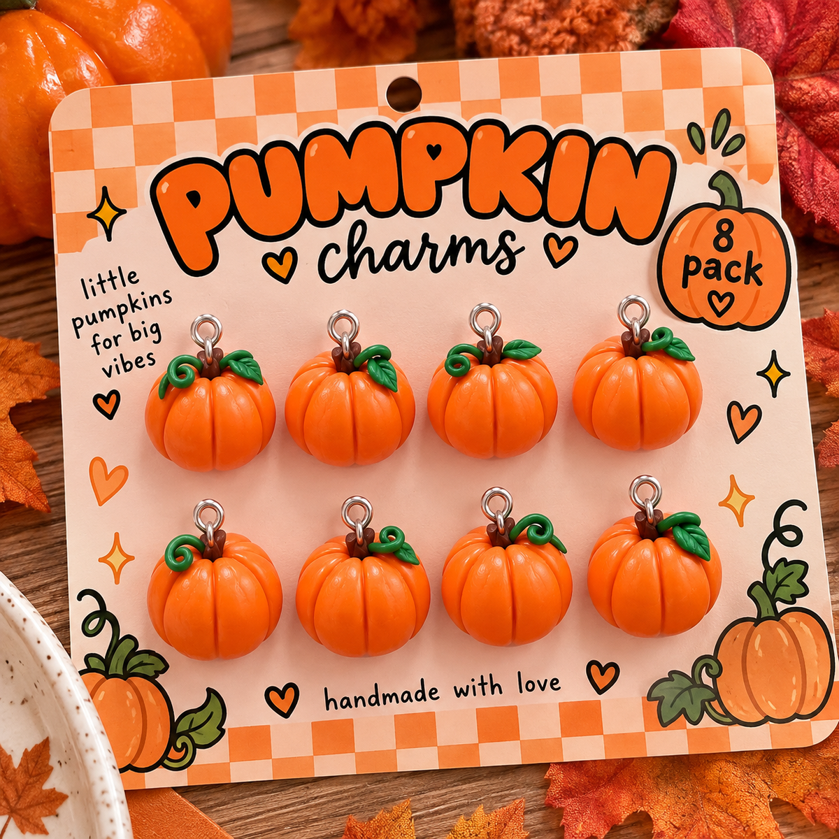 Handmade Pumpkin Polymer Clay Charms – 8 Pack