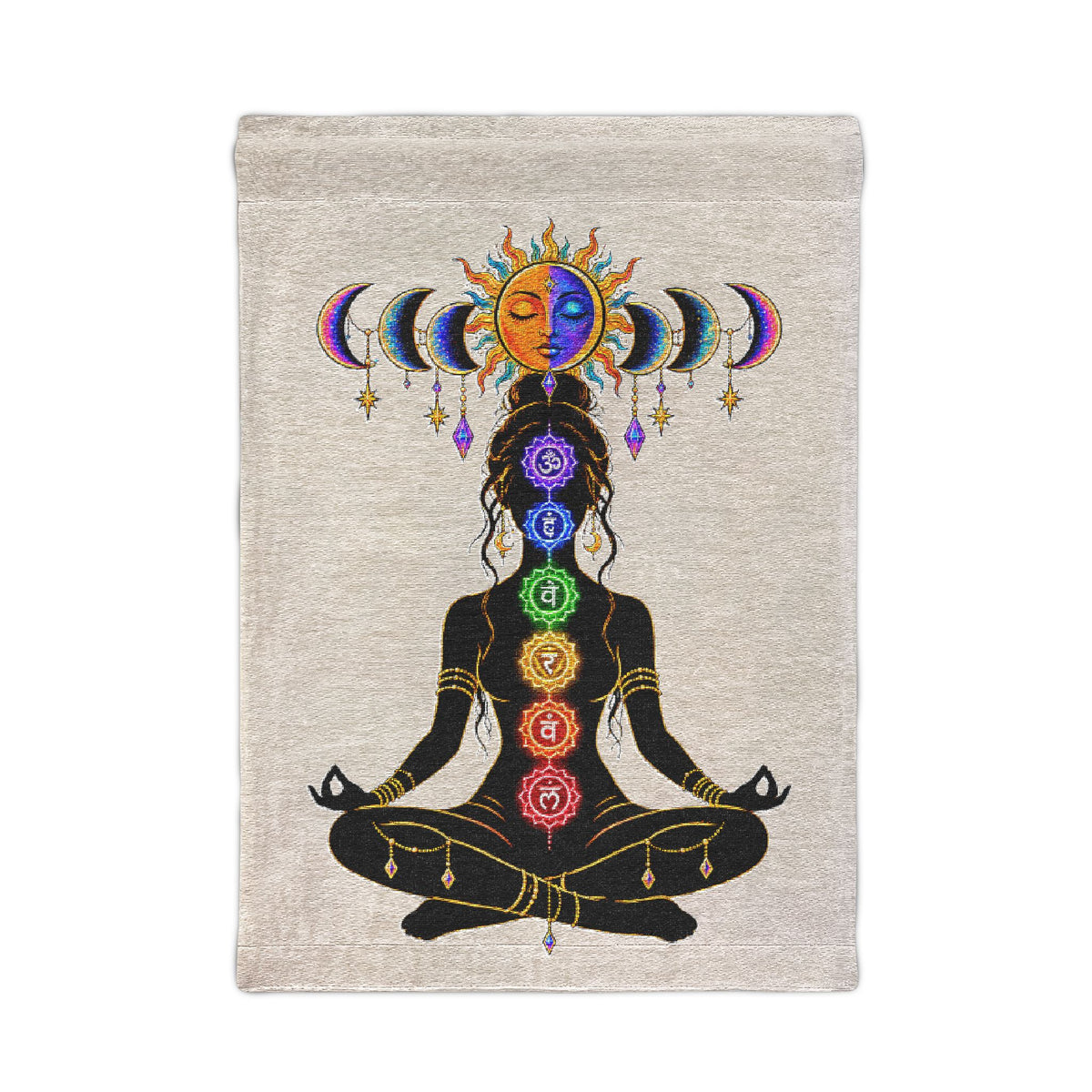 Chakra Meditation Wall Tapestry — Boho Yoga Decor with Sun & Moon Phases