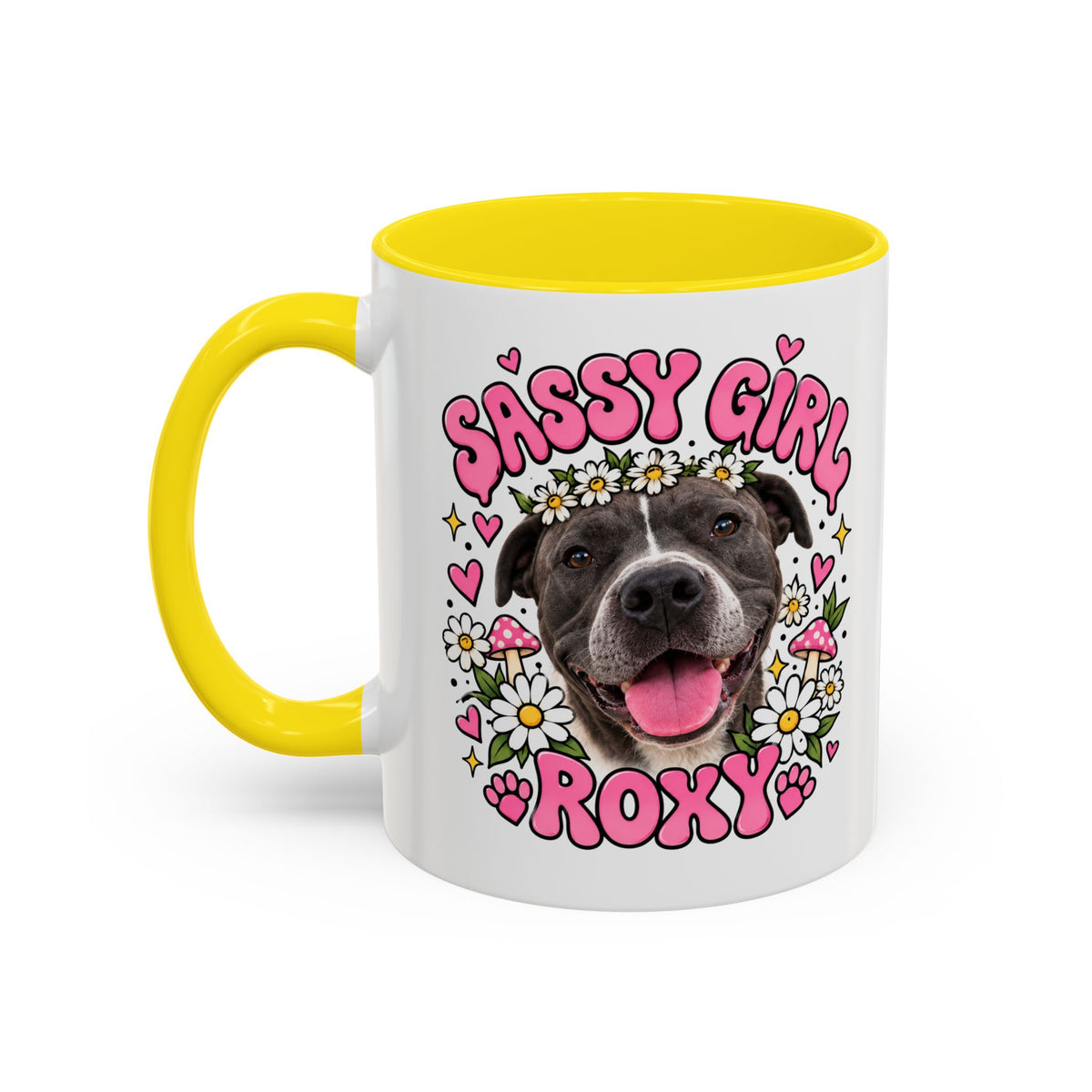 Cute Pit Bull Coffee Mug — "Pit Girl" Floral Accent Ceramic Mug (11/15oz)