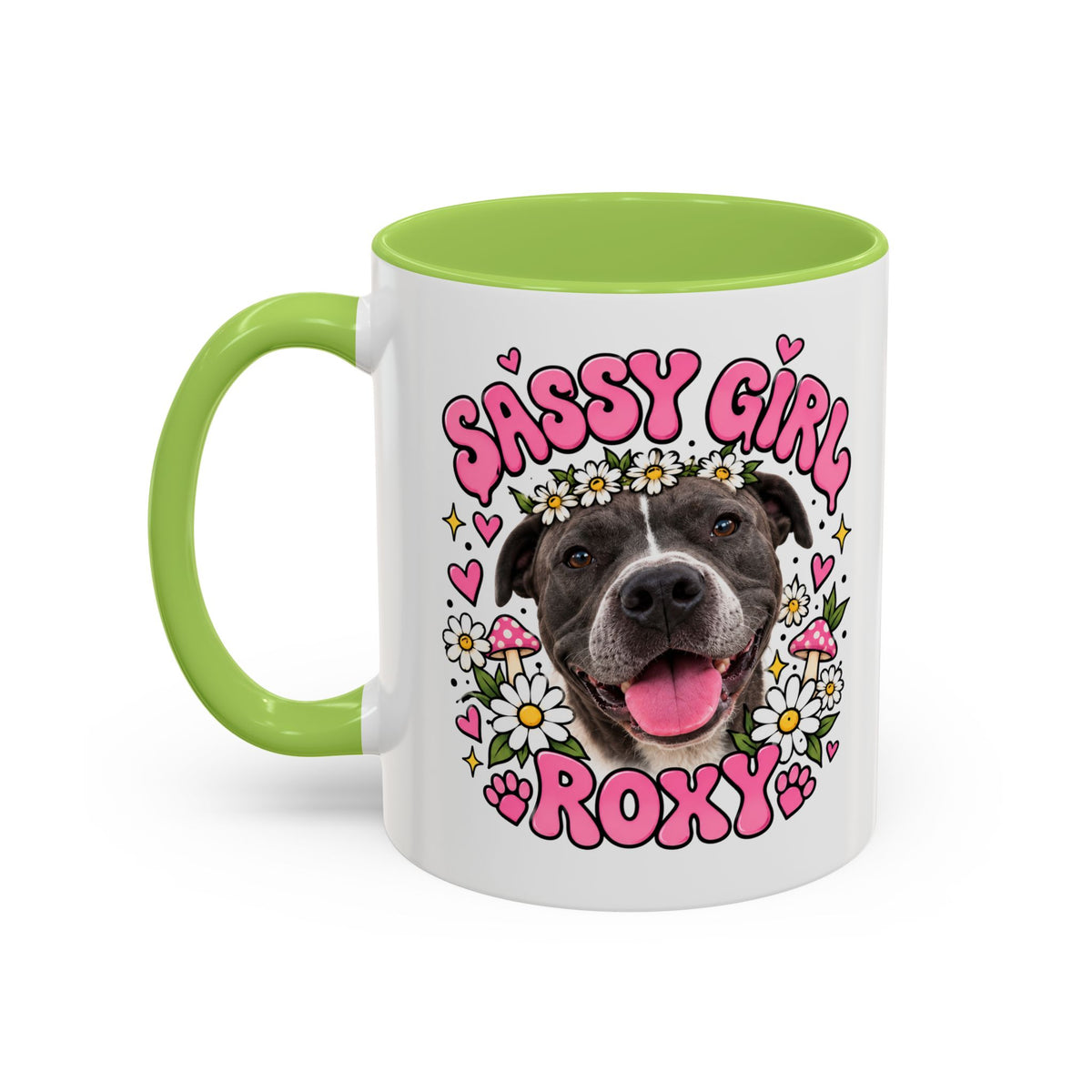 Cute Pit Bull Coffee Mug — "Pit Girl" Floral Accent Ceramic Mug (11/15oz)