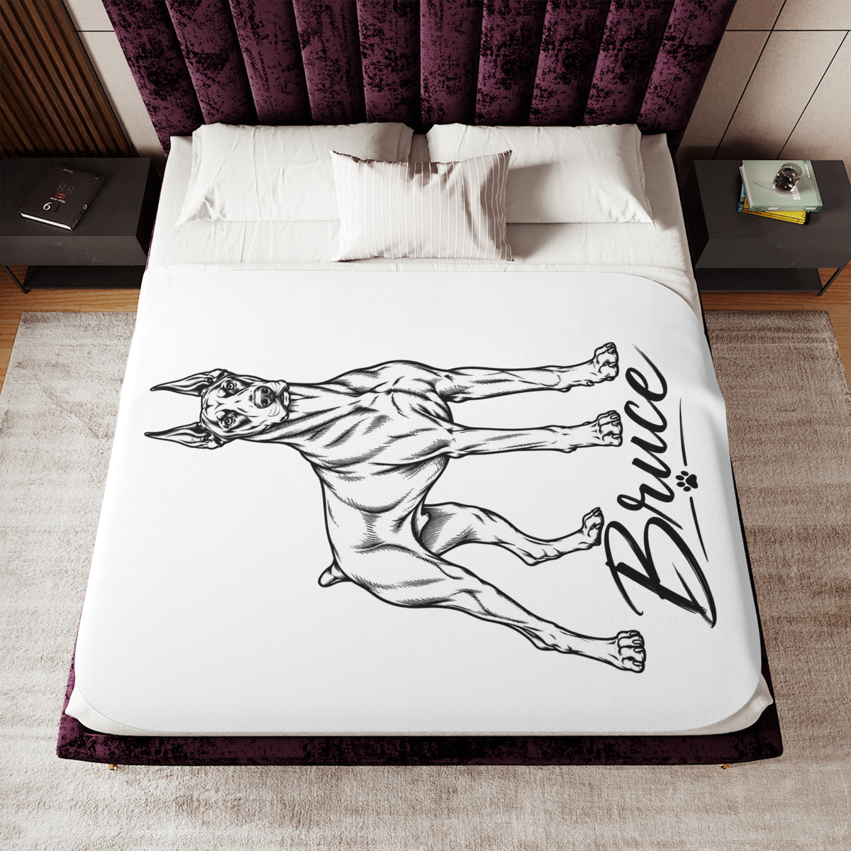 Doberman Sherpa Blanket – Personalized Dog Sketch Throw with 'Bruce' Name