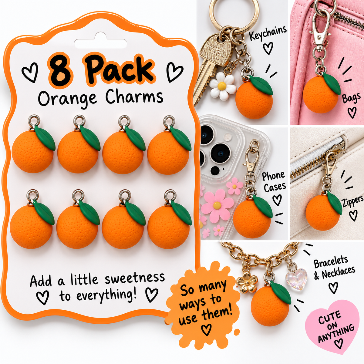 Orange Polymer Clay Charms – Pack of 8 | Mini Fruit Charms