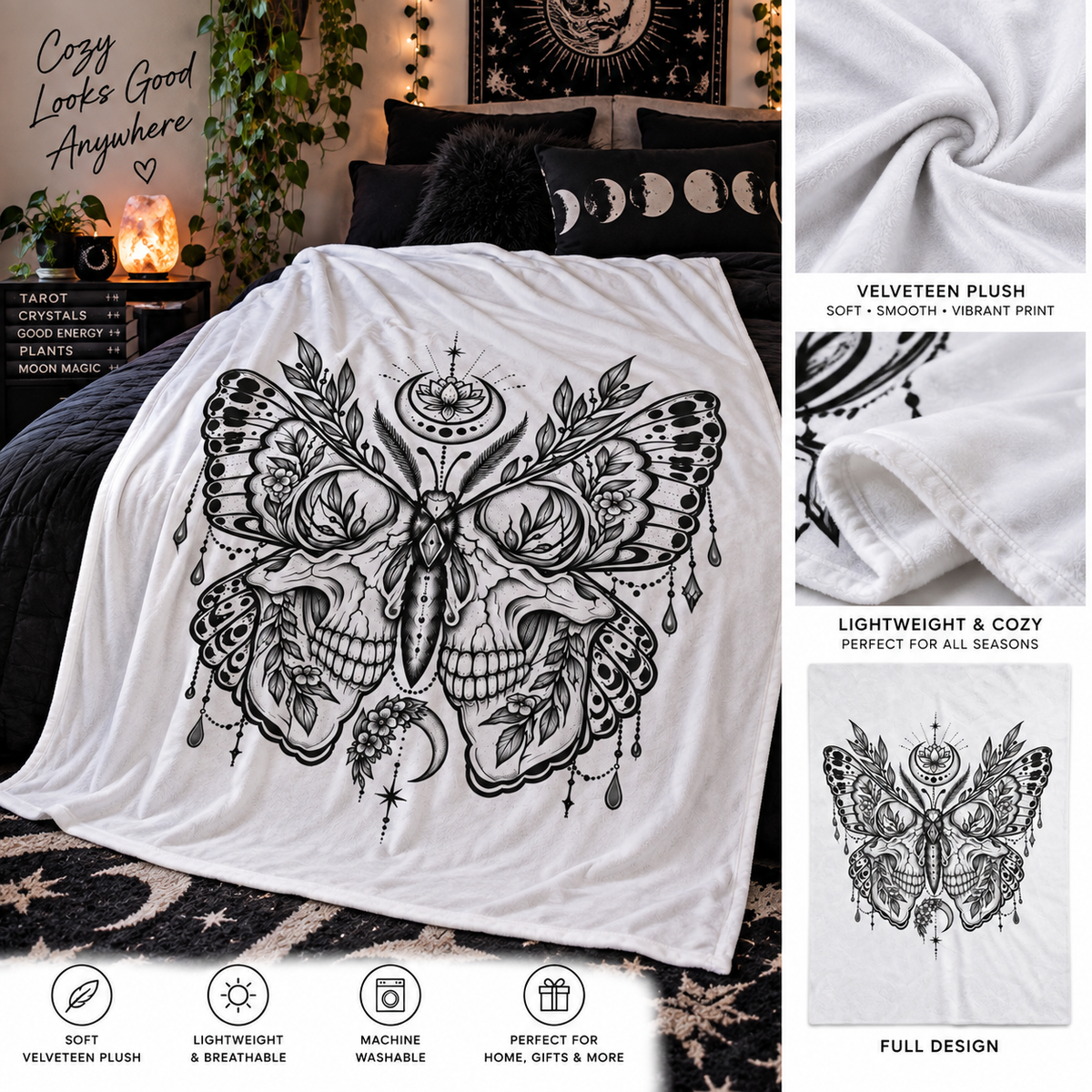 Mystic Moth & Skull Velveteen Plush Blanket — Gothic Boho Throw for Home, Gift, Halloween