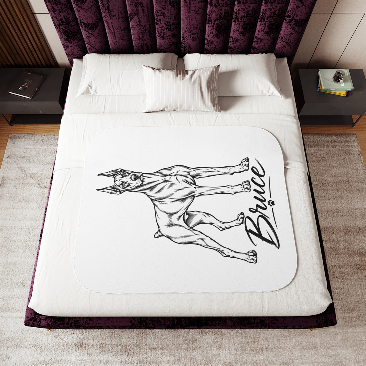 Doberman Sherpa Blanket – Personalized Dog Sketch Throw with 'Bruce' Name