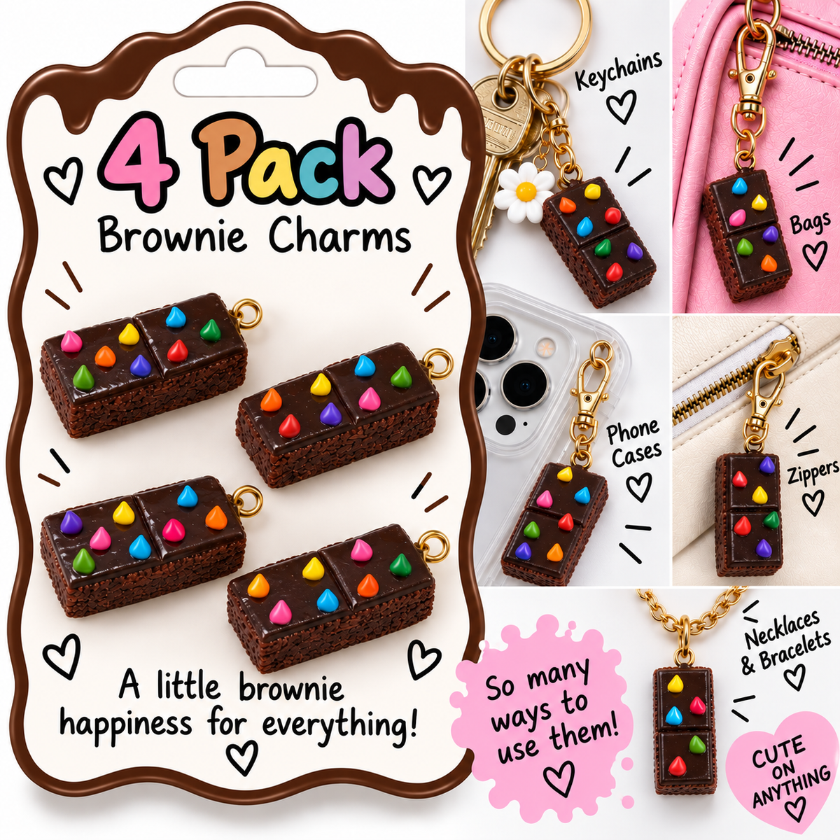Mini Brownie Charms – 8 Pack Polymer Clay Dessert Charms for Jewelry & Crafts