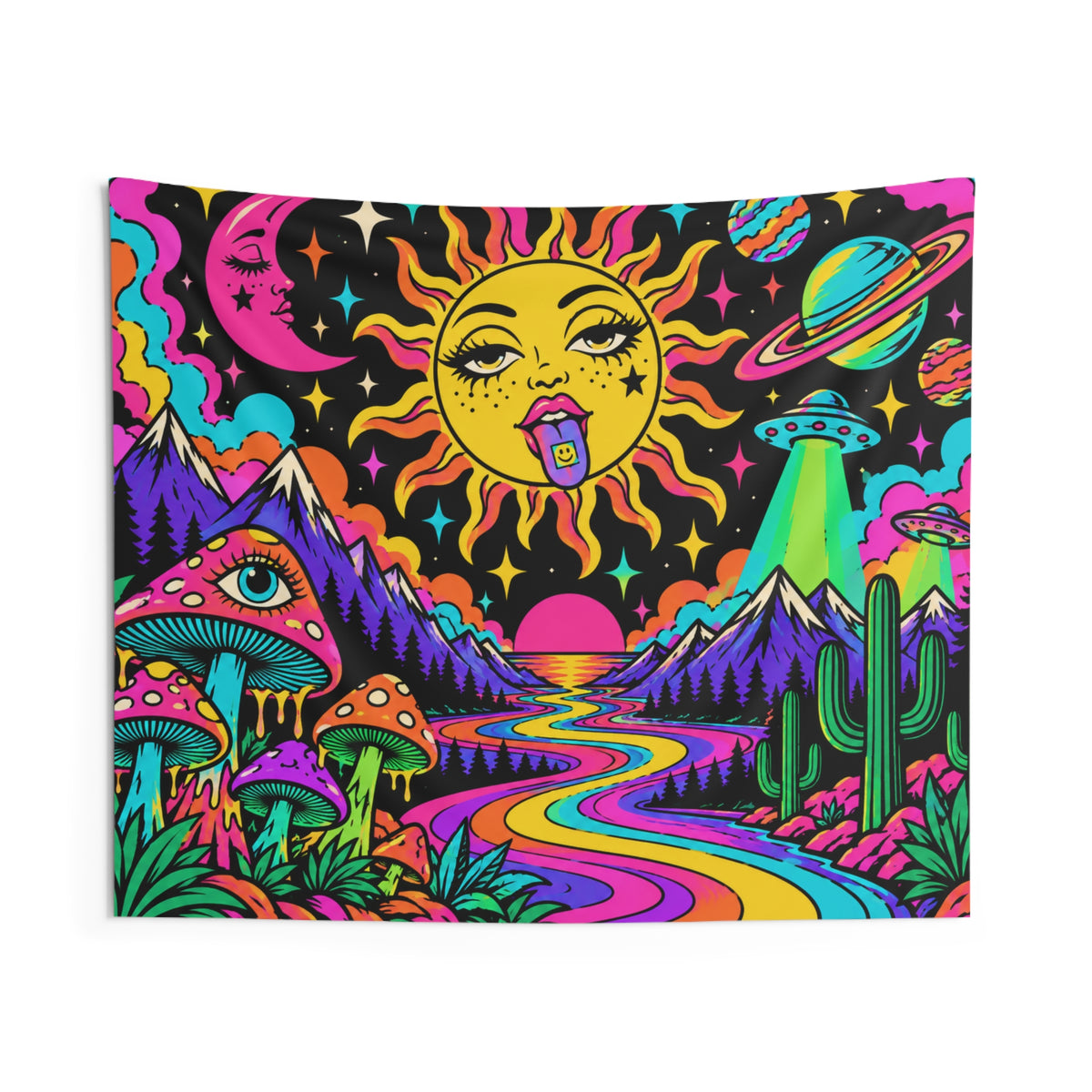 Psychedelic Sun & Space Tapestry — Neon Trippy Landscape Wall Hanging