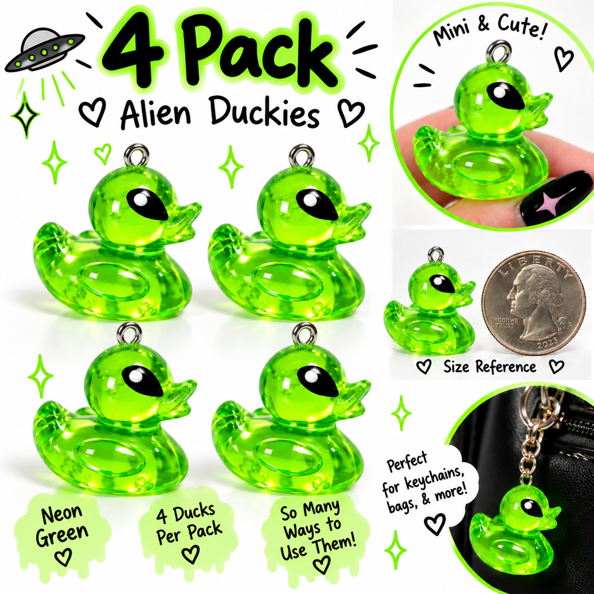 Neon Green Alien Duck Charms – Pack of 4 | DIY Craft Charms