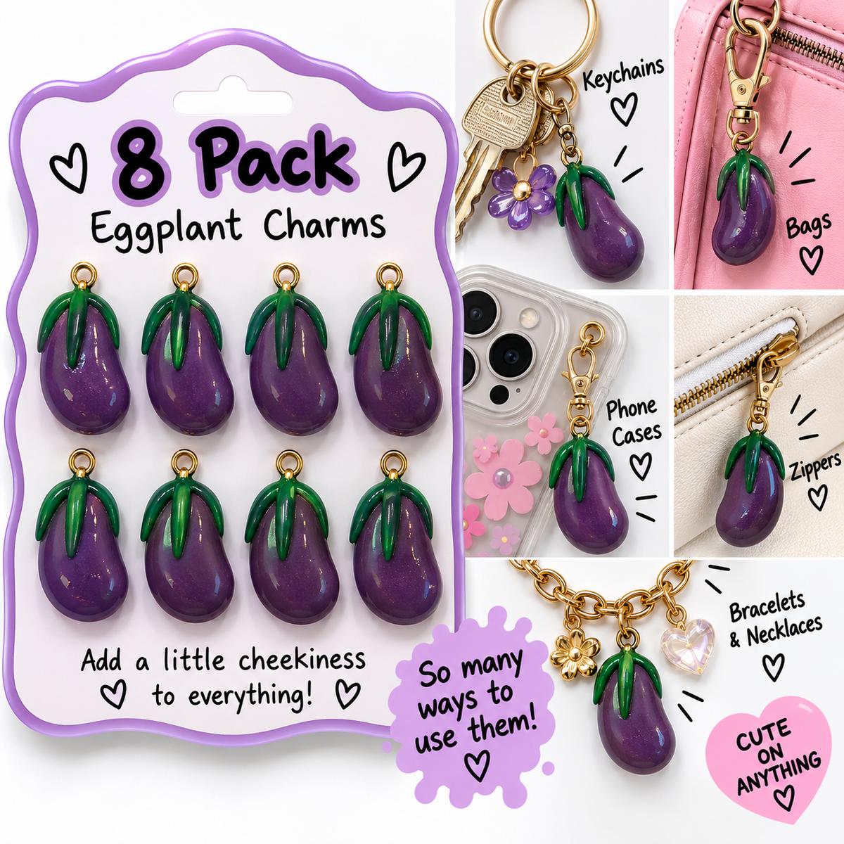 Eggplant Polymer Clay Charms – Pack of 8 | Mini Veggie Charms