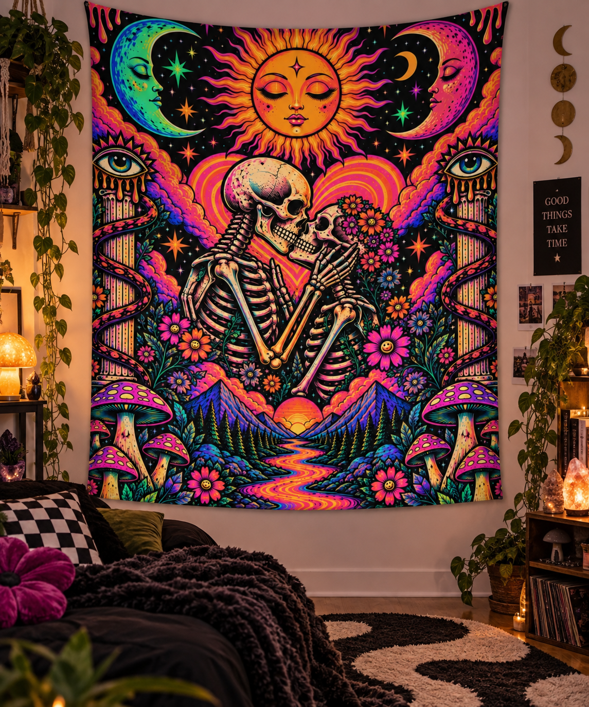 Psychedelic Skull Lovers Tapestry — Vibrant Boho Sun & Moon Wall Art