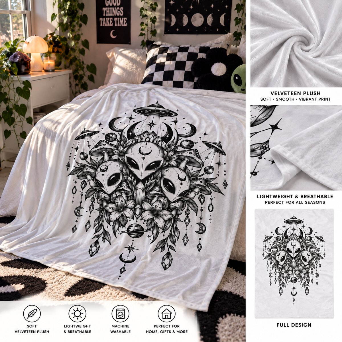 Alien Mask Mandala Velveteen Plush Blanket — Mystical UFO Floral Throw
