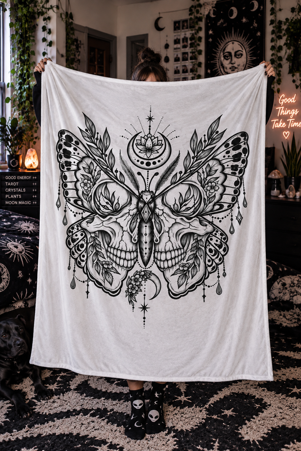 Mystic Moth & Skull Velveteen Plush Blanket — Gothic Boho Throw for Home, Gift, Halloween