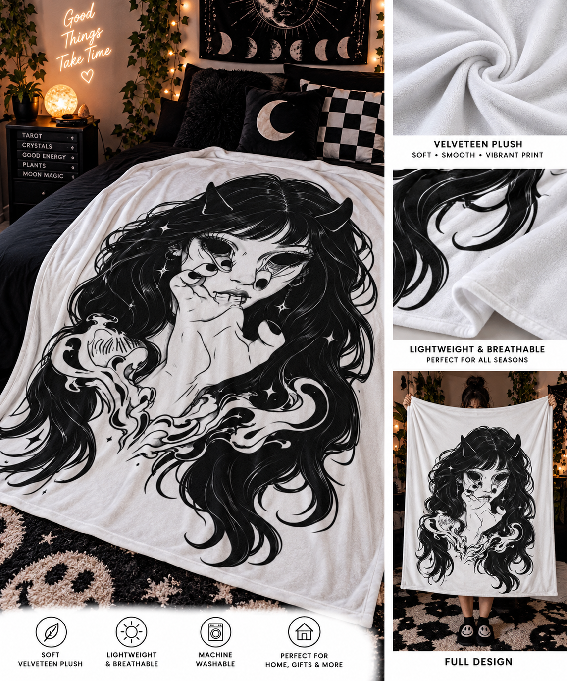 Demon Girl Velveteen Plush Blanket — Gothic Black & White Anime Illustration