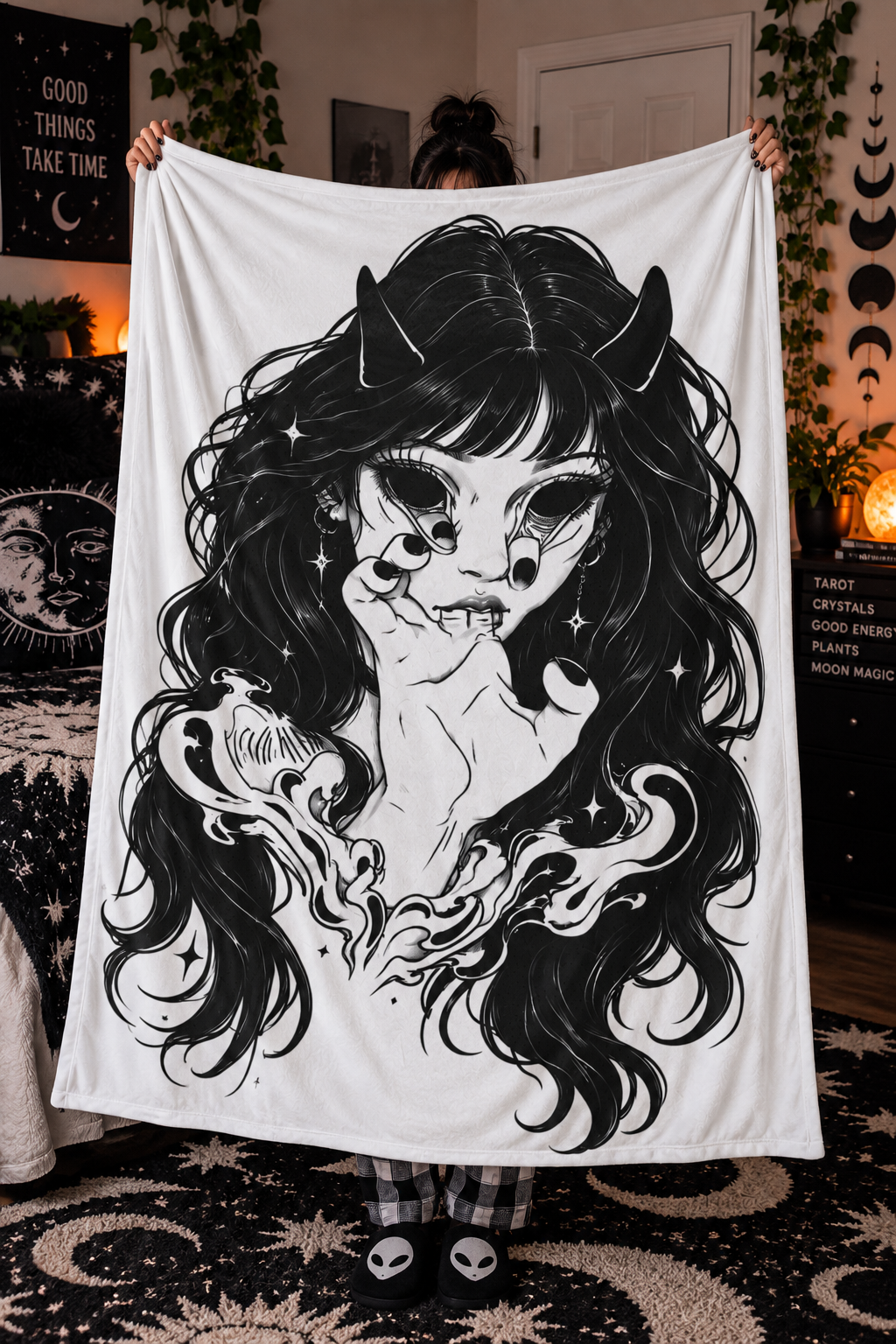 Demon Girl Velveteen Plush Blanket — Gothic Black & White Anime Illustration