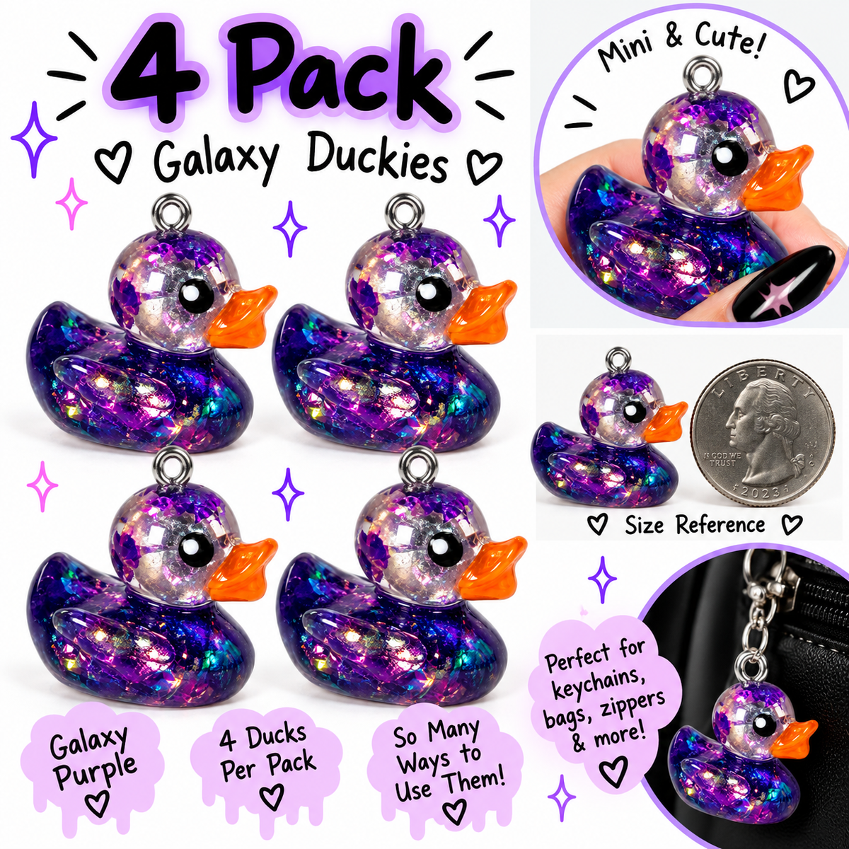 Purple Iridescent Duck Charms – Pack of 4 | Glitter DIY Charms
