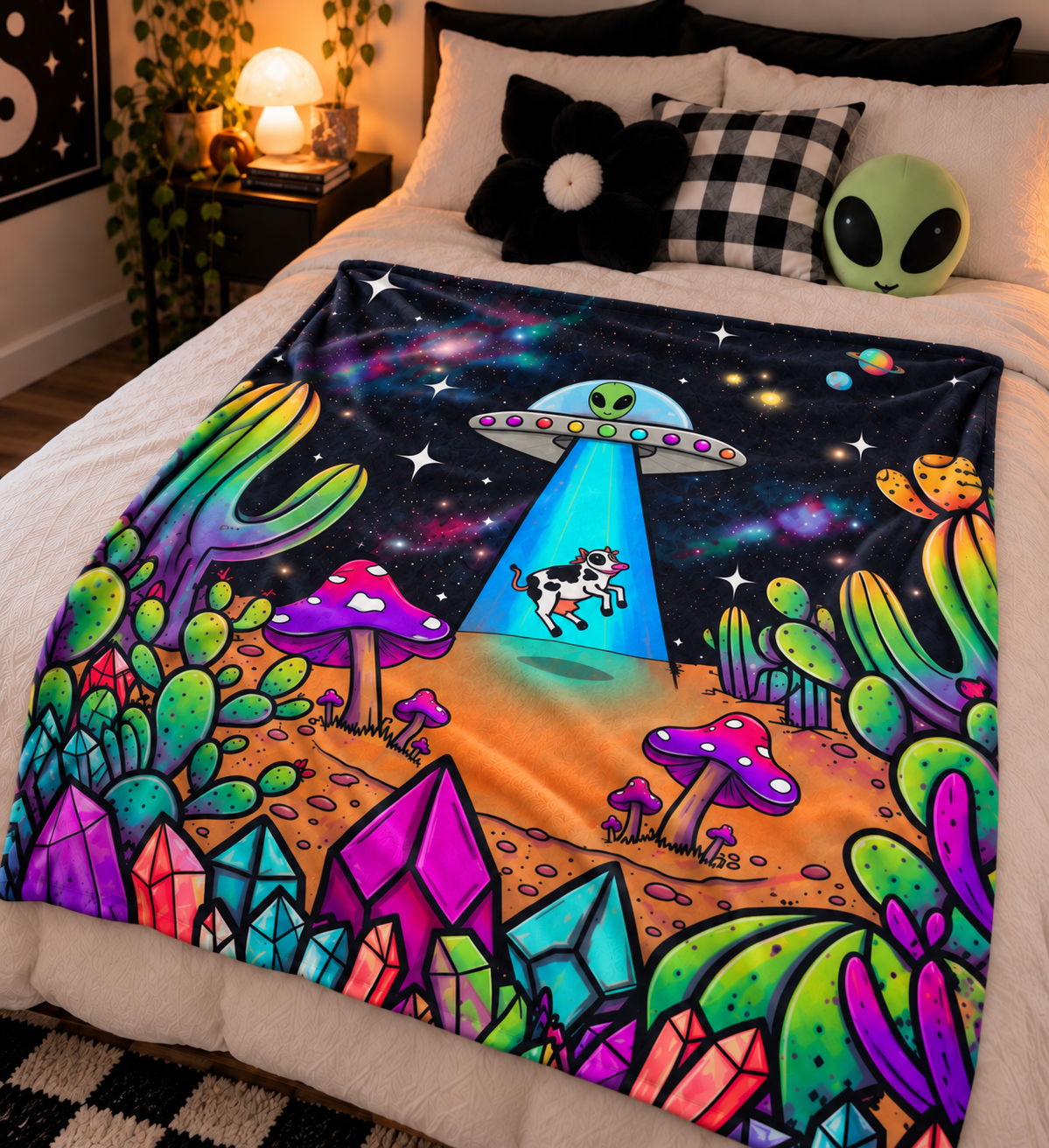 Plush Blanket — Psychedelic Desert UFO Cow Abduction Velveteen Throw