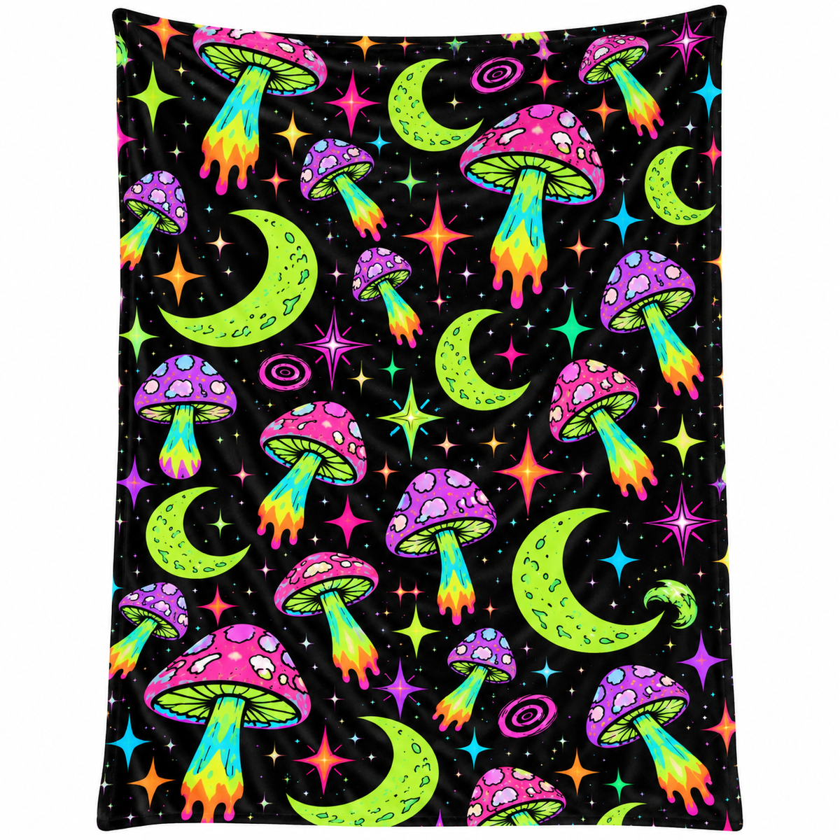 Psychedelic Neon Mushroom Velveteen Plush Blanket — Rainbow Moon Cozy Throw