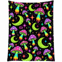 Psychedelic Neon Mushroom Velveteen Plush Blanket — Rainbow Moon Cozy Throw