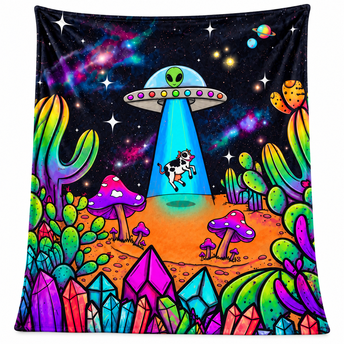 Plush Blanket — Psychedelic Desert UFO Cow Abduction Velveteen Throw