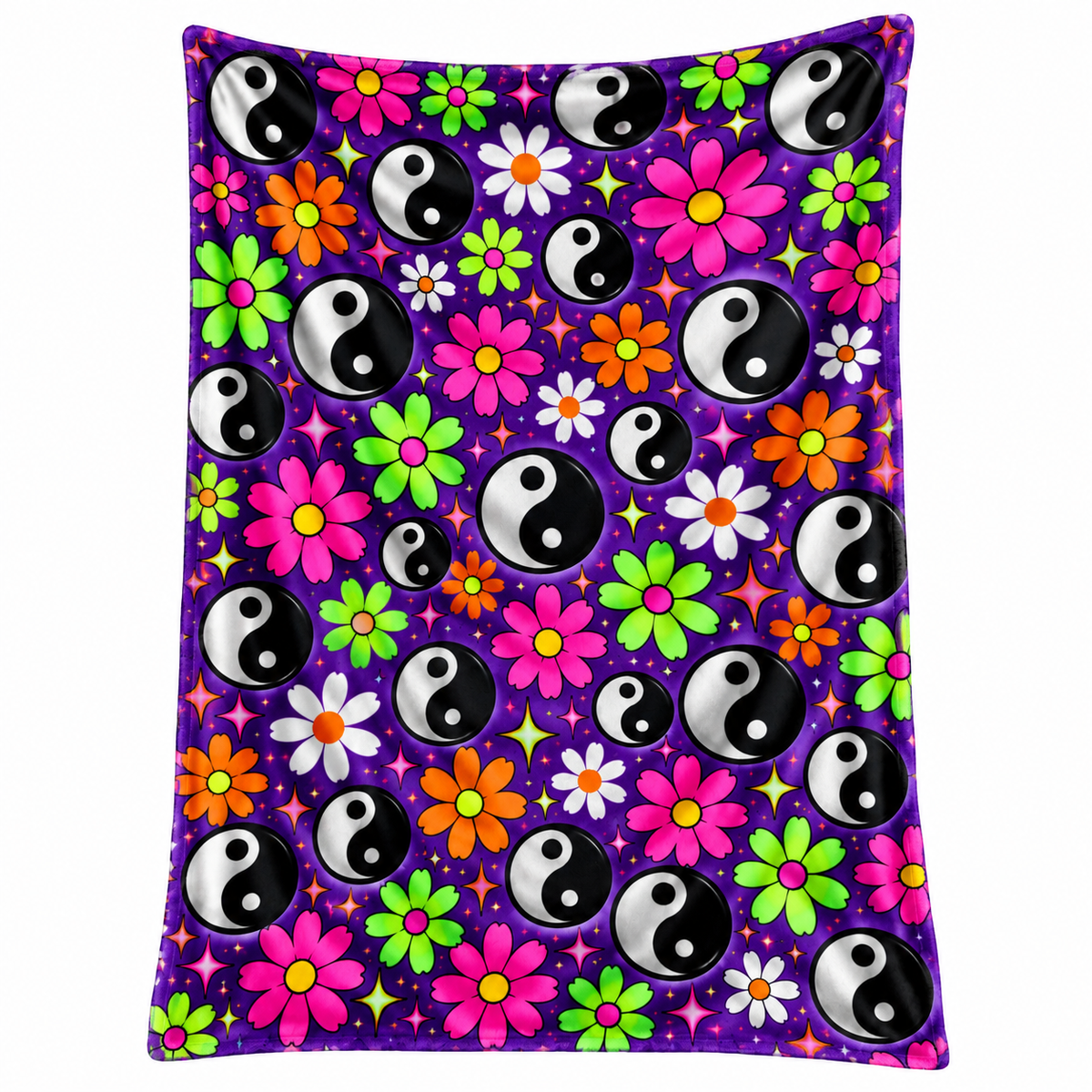 Yin Yang Flower Velveteen Plush Blanket — Psychedelic Floral Cozy Throw
