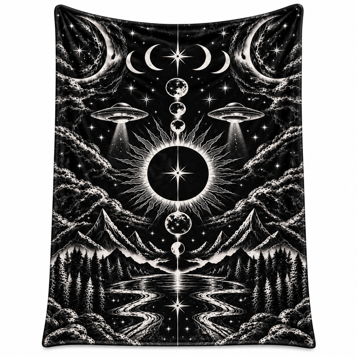 Celestial Eclipse Velveteen Plush Blanket — Black Moon Mystic Tapestry Throw