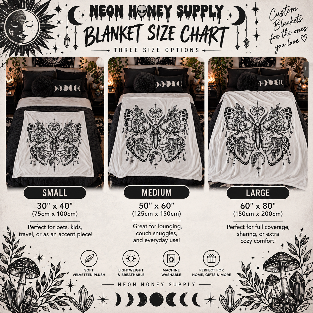 Mystic Moth & Skull Velveteen Plush Blanket — Gothic Boho Throw for Home, Gift, Halloween
