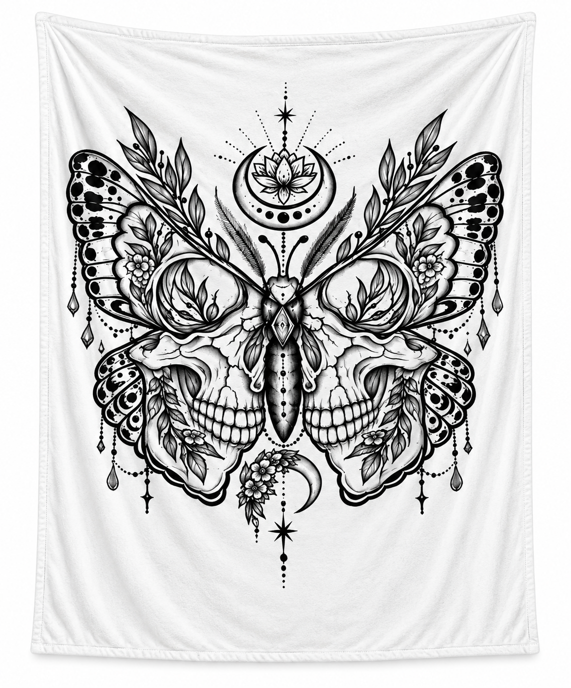 Mystic Moth & Skull Velveteen Plush Blanket — Gothic Boho Throw for Home, Gift, Halloween