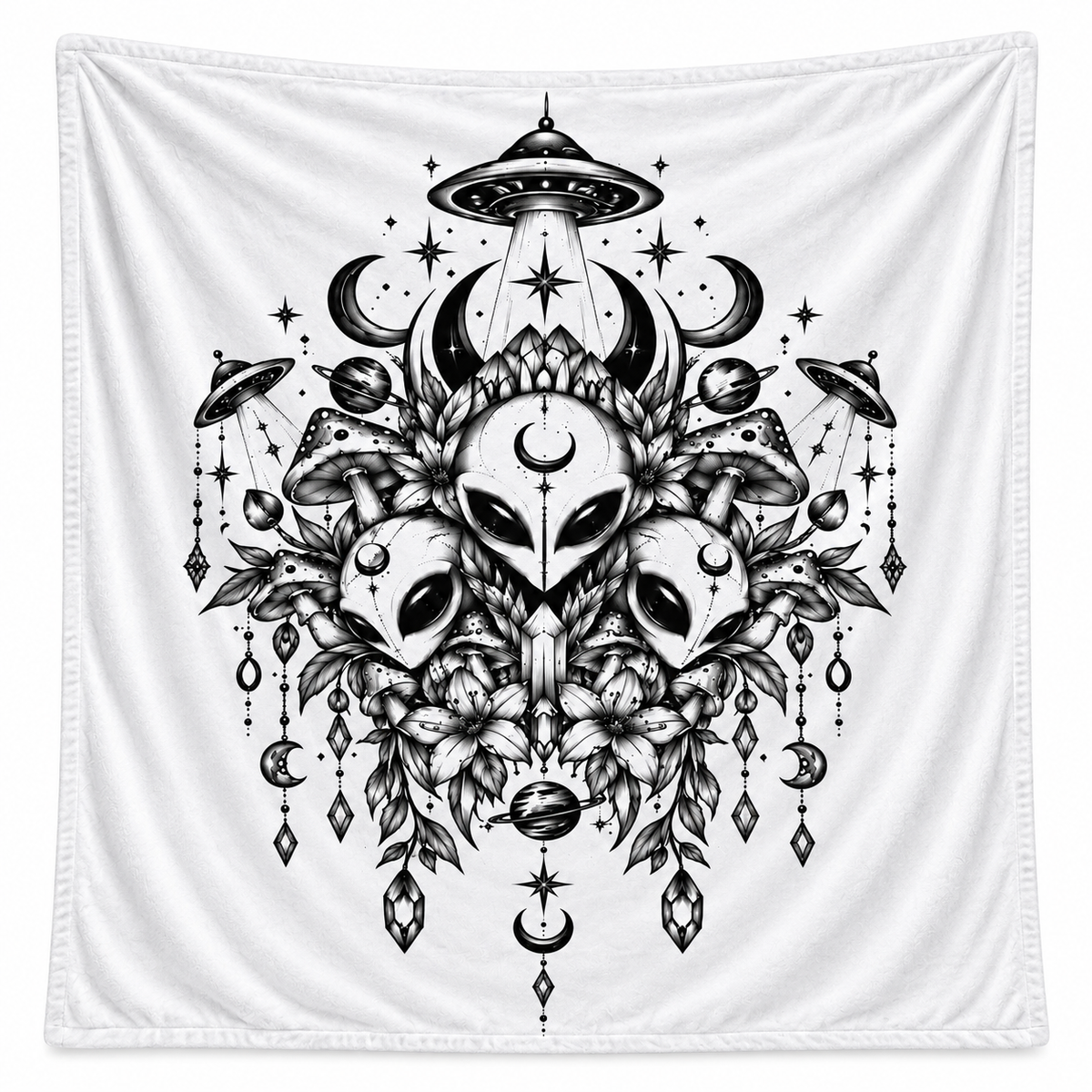 Alien Mask Mandala Velveteen Plush Blanket — Mystical UFO Floral Throw