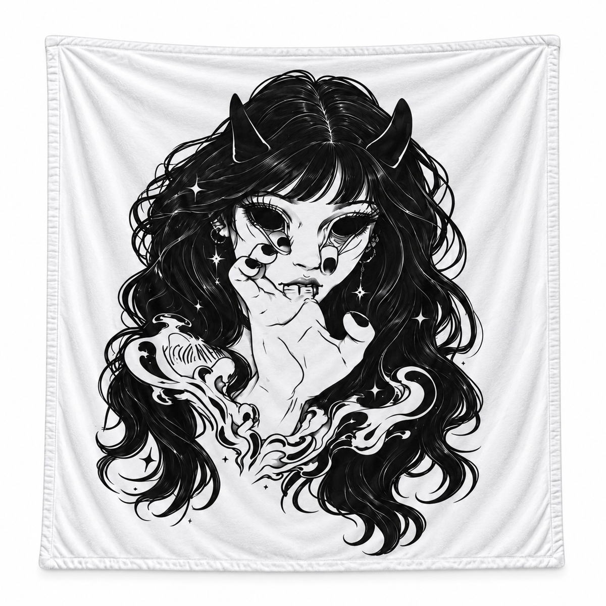 Demon Girl Velveteen Plush Blanket — Gothic Black & White Anime Illustration