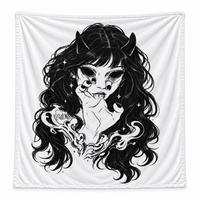 Demon Girl Velveteen Plush Blanket — Gothic Black & White Anime Illustration