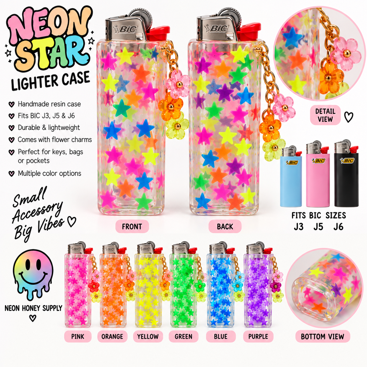 Neon Star Resin Lighter Case with Flower Charm