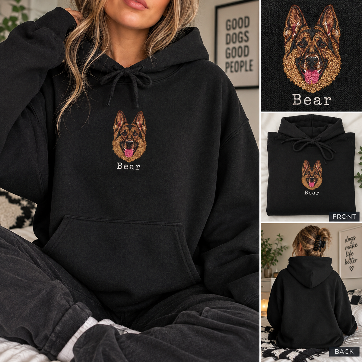 Custom Pet Embroidered Hoodie – Personalized Dog Portrait & Name – Unisex Pet Lover Sweatshirt