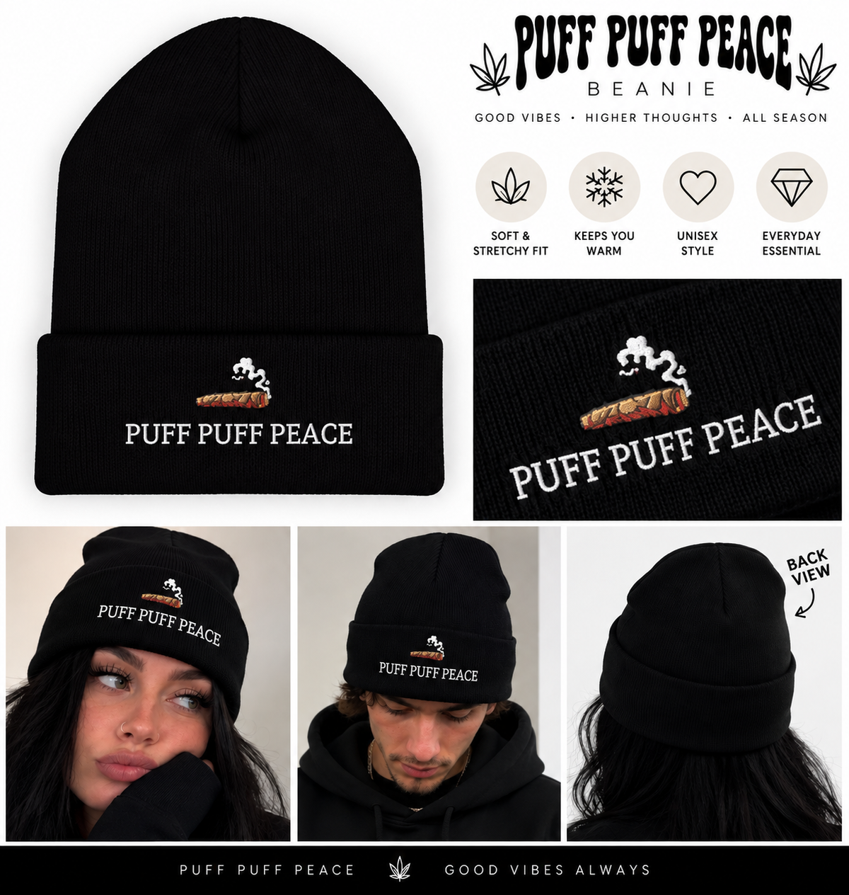 Puff Puff Peace Embroidered Beanie